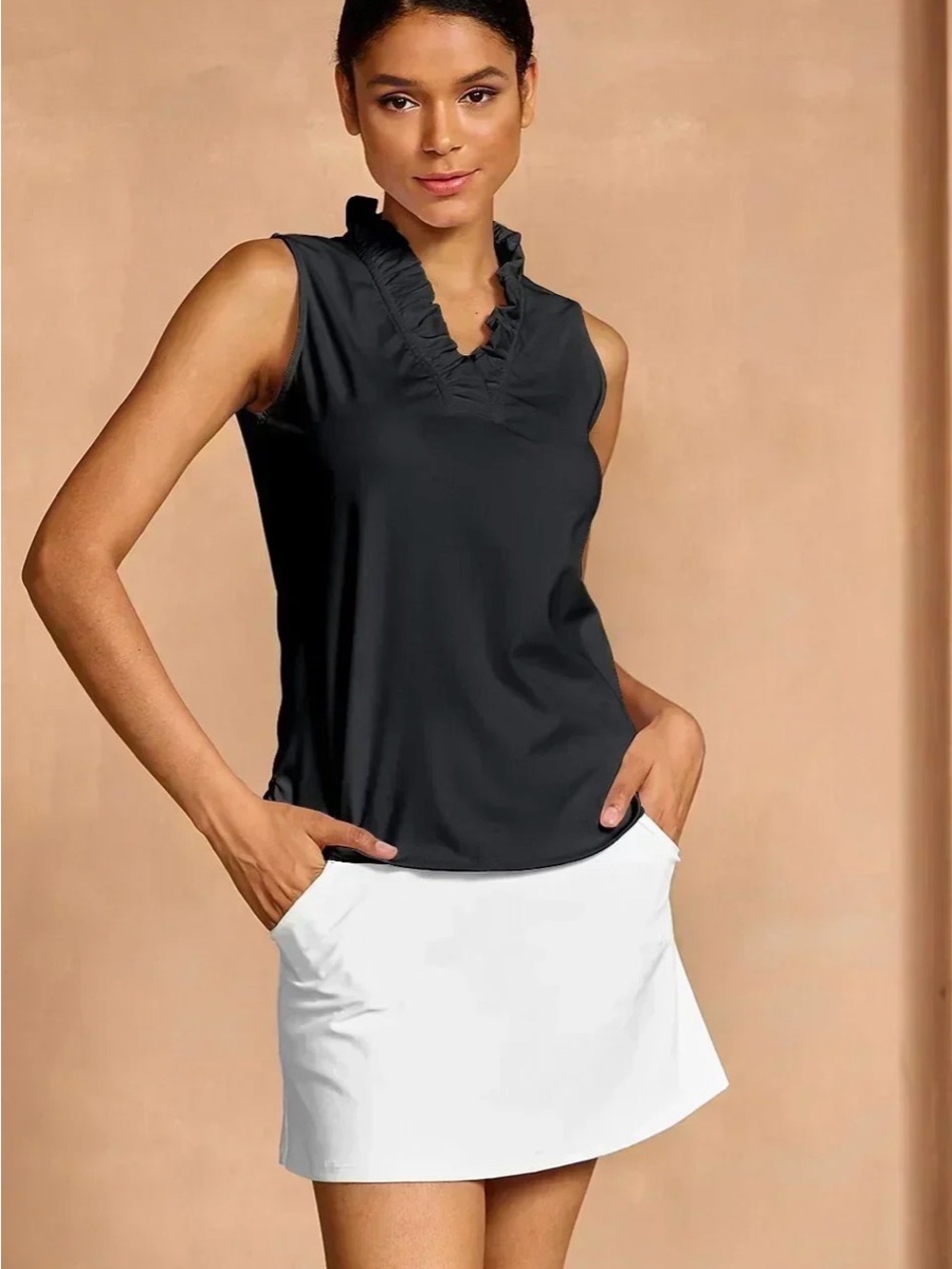 NWT Sleeveless Ruffle V-Neck Tank Top — Black - UPF 50+